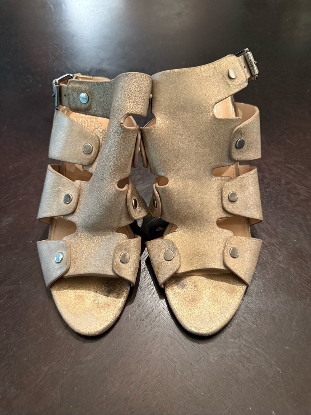 Vince Camuto Metallic Gold Caged Buckle Sandals - Women
